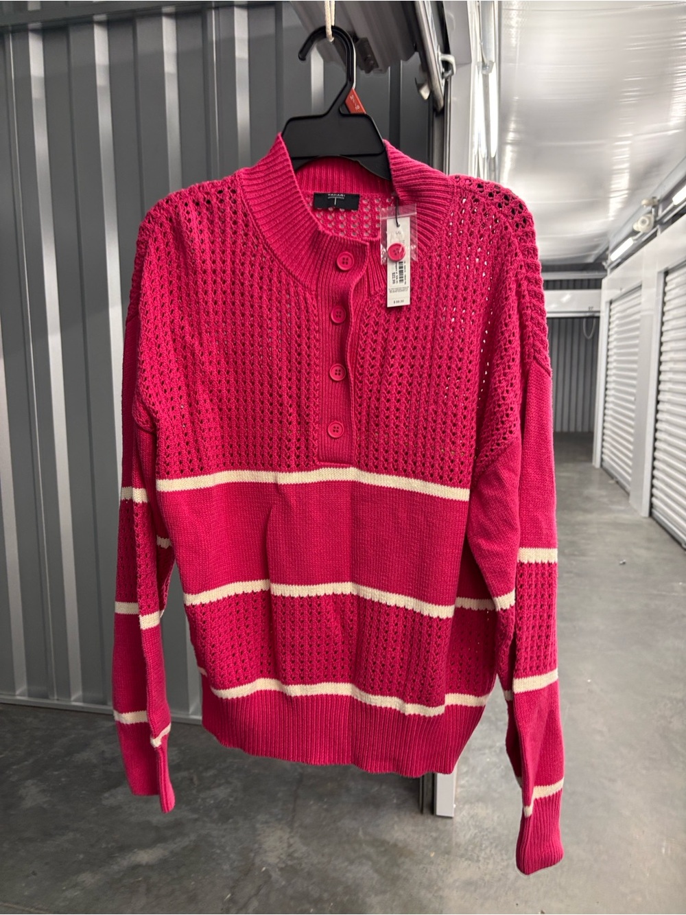 Tahari Hot Pink Raspberry Cream Knit 1/4 Button-Front Sweater Cream Stripes L